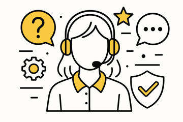 Customer service. Modern flat line art illustration. Trendy outline vector graphic elements. Creative concept. Black and yellow colors isolated on white background