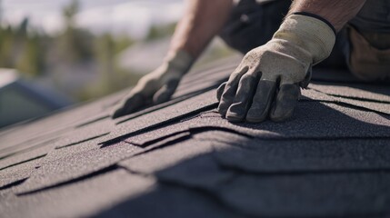 Roofing worker replacing shingles on a damaged roof. Featuring attention to detail and safety