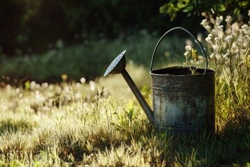 Vintage watering can in tall grass with warm summer light, rustic and full-resolution image.
