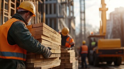 Laborer unloading building materials at a construction site. Featuring teamwork and strength