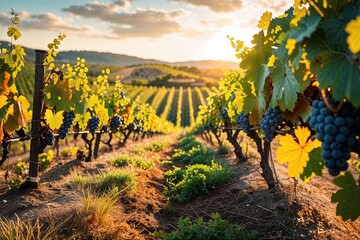 Naklejka premium Lush Vineyard Scenery with Sunlit Rows of Grapes