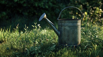 Vintage watering can in tall grass with warm summer light, rustic and full-resolution image.