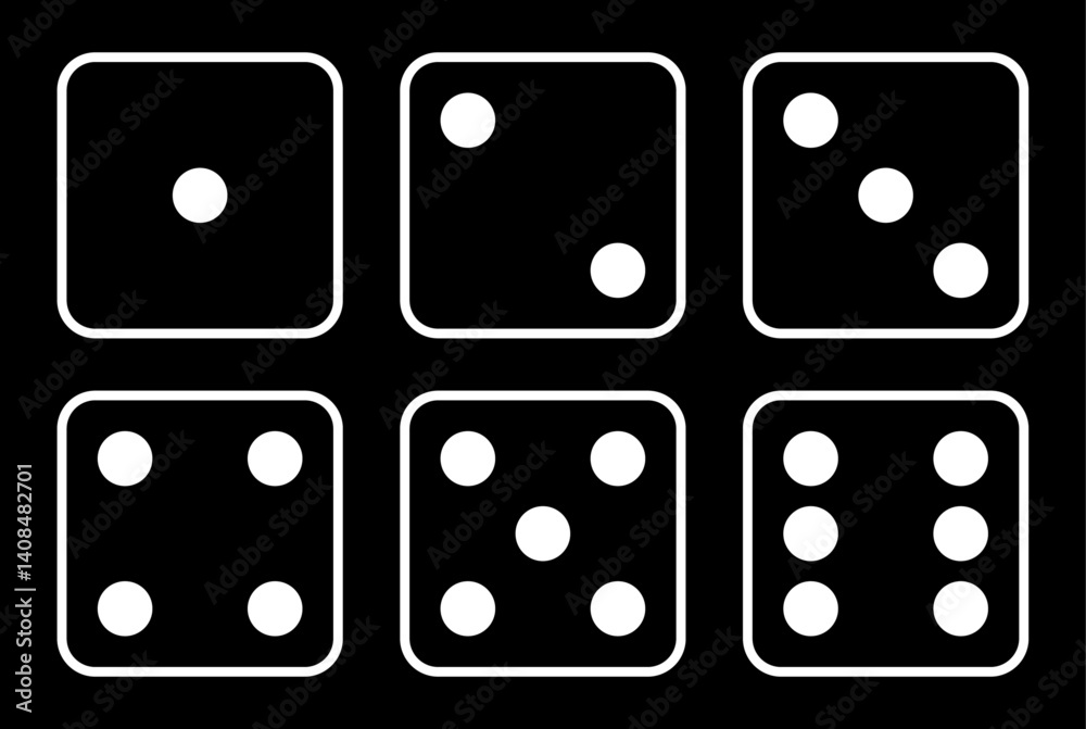 Aufkleber set of six sides of a die icon in white color outline. die icon set with all six faces in white colo