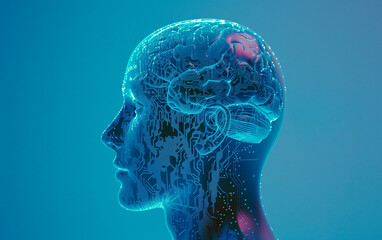 Obraz premium Digital human head with a brain and circuits, against a blue background
