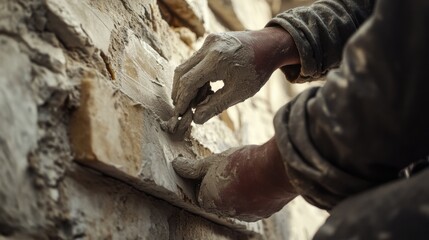 Mason applying mortar to a stone wall at a construction site. Featuring craftsmanship and precision