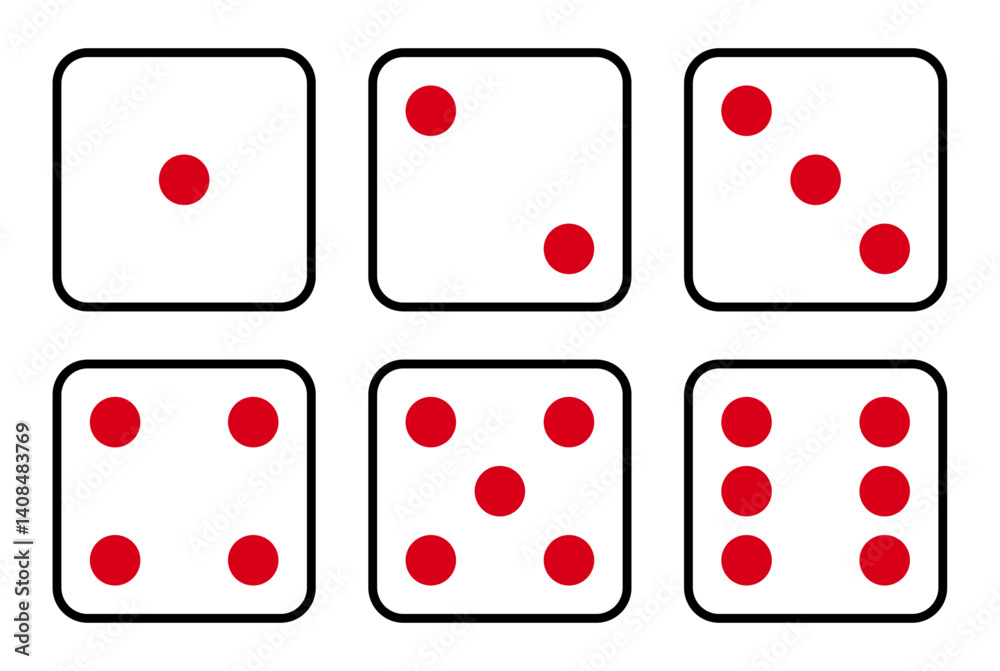 Poster set of six sides of a die icon in black color outline with red dots. die icon set with all six faces