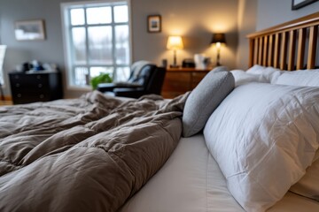 Obraz premium This image showcases a chic bedroom with warm bedding and stylish accents, creating an inviting atmosphere that promotes relaxation and intimacy for a restful retreat.