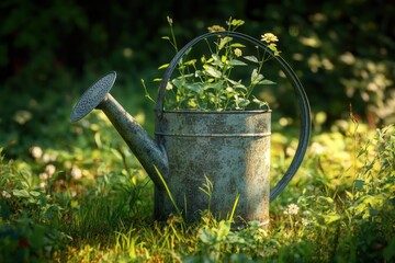 Vintage watering can in tall grass with warm summer light, rustic and full-resolution image.