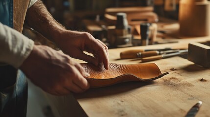 Shoemaker stretching leather over a handcrafted shoe mold. Featuring dedication and texture