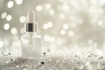 A white dropper bottle sits amongst glittering droplets, adding a sophisticated and luxurious touch to the composition