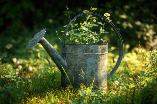 Vintage watering can in tall grass with warm summer light, rustic and full-resolution image.