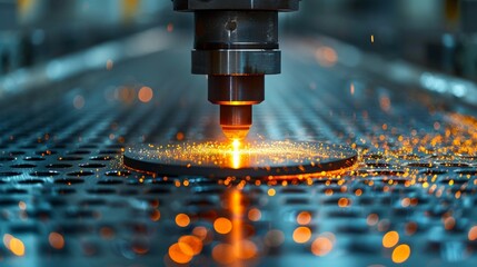 Plasma Cutting, Metal Sheet Cutting Process with Sparks Flying, Close-up industrial Background