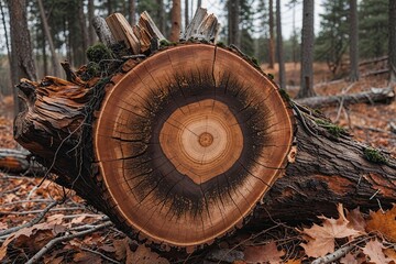 Fototapeta premium Exploring the Annual Rings in Fallen Logs Understanding Aging Features and Circular Structures