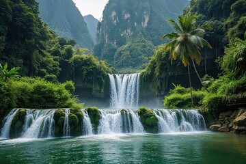Naklejka premium Explore the Majestic Kuang Si Waterfall Jewel in Lush Laos with Spectacular Green Landscapes and Refreshing Waterfalls