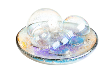 Sparkling iridescent bubbles rest on a colorful glass dish a magical scene of serenity and wonder