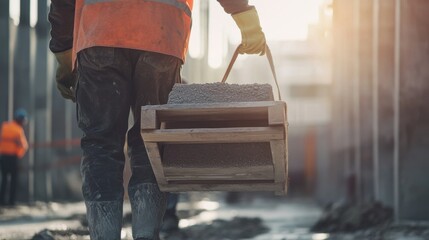 Laborer transporting construction materials at a construction site. Featuring strength and teamwork