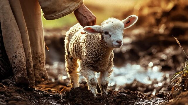 Jesus the Good Shepherd Comforting the Lost Lamb in Mud, Biblical Scene from Luke 15:4, 'Leaves the 99 to Find the One