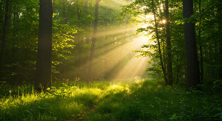 Obraz premium Lush green forest with sunlight streaming through the trees, symbolizing environmental preservation.