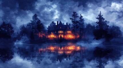 Reflection of mansion on a foggy lake at night with glowing lights