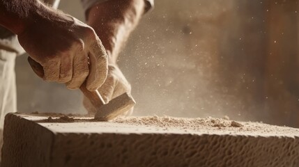 Stone mason chiseling intricate details into a limestone surface. Featuring craftsmanship and heritage
