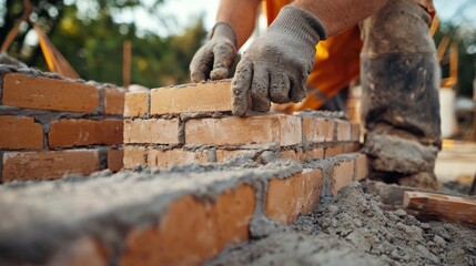 Mason laying bricks at a construction site foundation. Featuring craftsmanship and precision