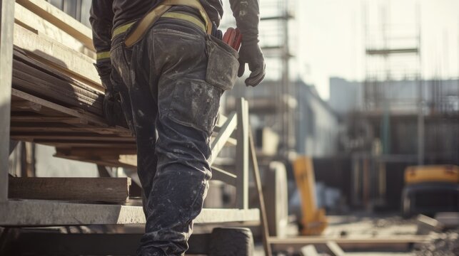 Laborer unloading construction materials at a building site. Featuring strength and teamwork