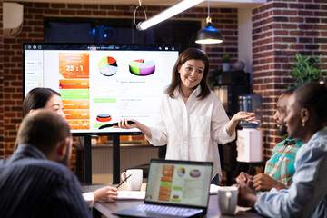 Caucasian female manager presenting marketing strategies to team using digital monitor. Diverse coworkers collaborate in startup office, analyzing project plans with technology and financial charts.
