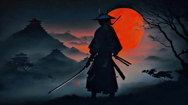 Chinese, Japanese or Asian Samurai with sword standing on hilltop looking at cars passing through the highway below, mountains, big red full moon, fog, mist, black tree ninja warrior at night anime