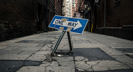 Urban Back Alley Featuring a Distressed One Way Sign Indicator
