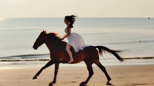 woman riding horse on the beach at sunset