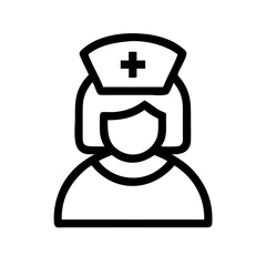 Obraz premium A clean black outline icon of a nurse wearing a medical hat with a cross, suitable for healthcare, medical, and nursing-related designs.