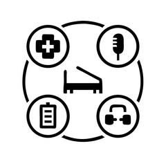 A set of black and white icons featuring hospital services like medical bed, cross, and fitness. Ideal for healthcare apps and websites.
