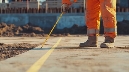 Surveyor marking construction site boundaries with a chalk line. Featuring accuracy and attention to detail