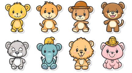 Obraz premium design cute animal sticker wear suite with line color style more action in white background isolated on white,clip art ,remain space between border each corner and rainbow and toy and hat and heart 