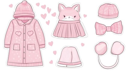 design cute animal sticker wear suite with line color style more action in white background isolated on white,clip art ,remain space between border each corner and rainbow and toy and hat and heart
