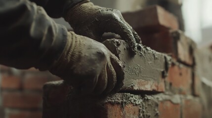 Mason working with a trowel on a brick wall. Featuring skill and precision