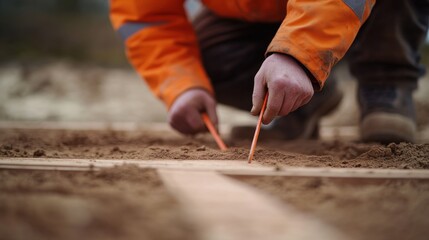 Surveyor marking excavation boundaries with chalk at a building site. Featuring precision and planning