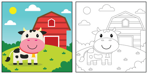 cute cartoon cow, funny illustration, coloring book for kids and children.