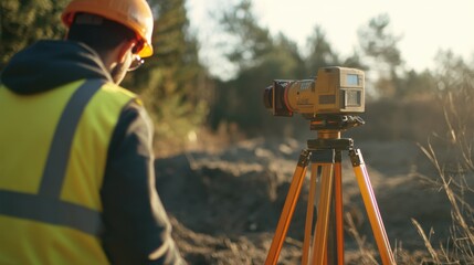Surveyor marking land boundaries for construction. Featuring accuracy and planning