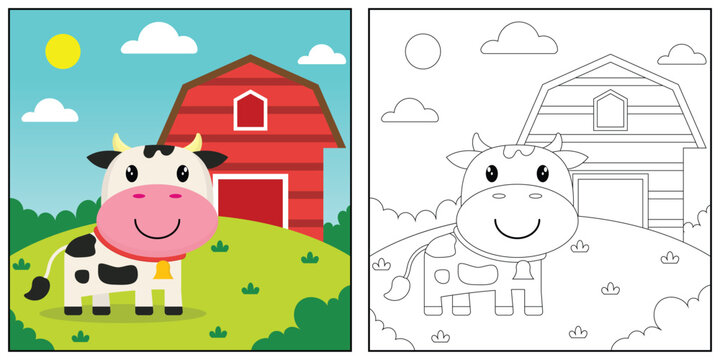 Naklejki cute cartoon cow, funny illustration, coloring book for kids and children.