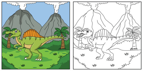 cute cartoon dinosaur spinosaurus, funny illustration, coloring book for kids and children.