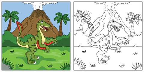 cute cartoon dinosaur velociraptor, funny illustration, coloring book for kids and children.