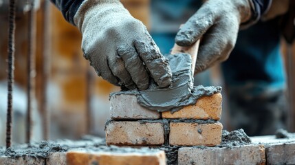Masonry worker applying mortar to bricks at a building site. Featuring craftsmanship and focus