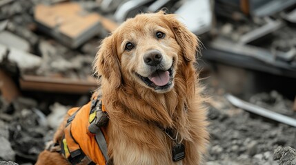 golden retriever rescue dog amidst ruined buldings, searching for survivors under collapsed buildings after earthquake disaster.	