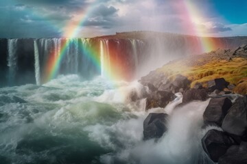 Obraz premium A surreal rainbow waterfall cascading into an infinite abyss, magical and deep 