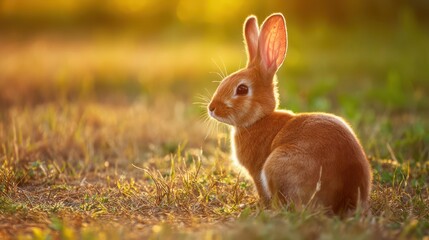 Cute rabbit in the sunset light on a field, Easter animal background