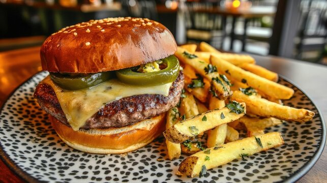 Delicious cheeseburger with jalapeños and french fries served on a plate