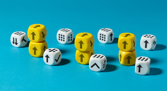 Collection of various dice with arrows, upward trends, and growth direction symbols placed together on blue background, representing business progress, development planning, and data analytics.