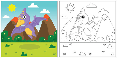 cute cartoon dinosaur, funny illustration, coloring book for kids and children.