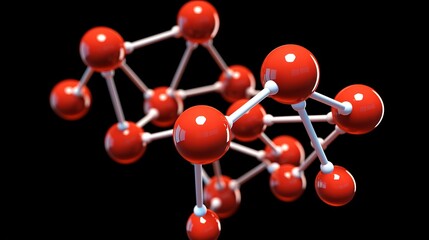A detailed close up of a molecule structure with red spheres and white connectors on black...